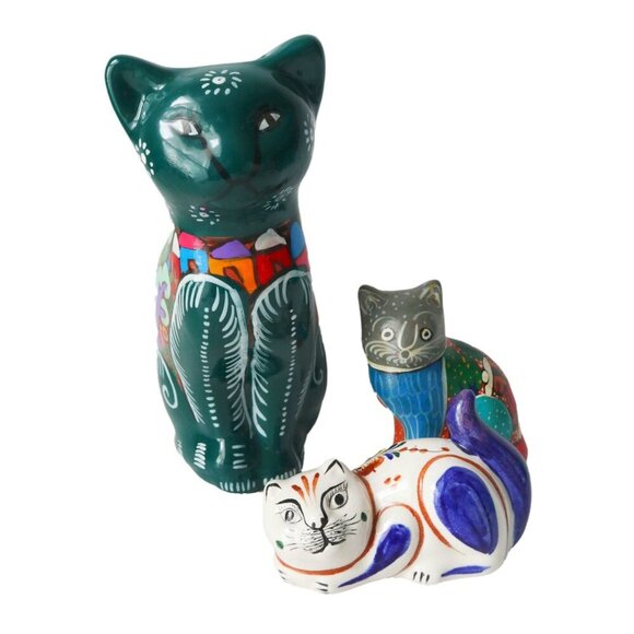 3 Vintage Tonala Cat Figurines Bank Folk Art Mexican Pottery Hand Painted - Picture 2 of 10